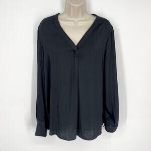 Maison d’Amélie Paris V-Neck Semi-Sheer Blouse Sz XL Black Long Sleeve Pleats